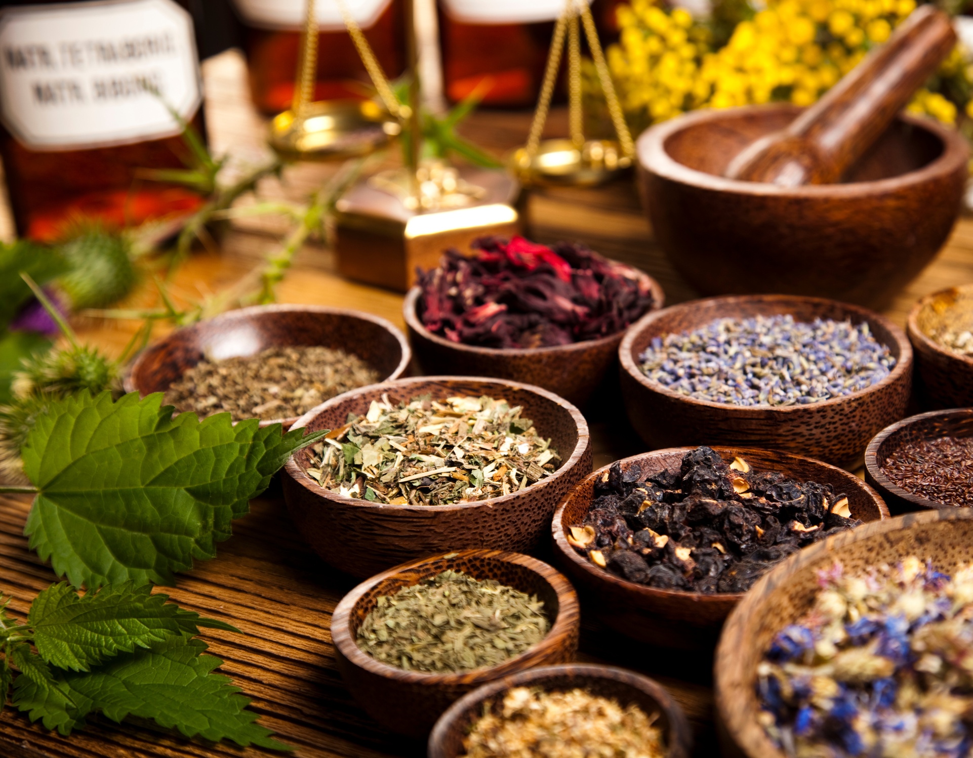 Natural medicine, herbs, mortar